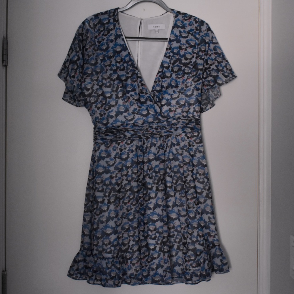 Reiss Blue Flower Pattern Short Sleeve Dress